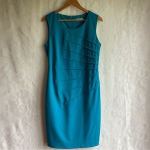 Calvin Klein Dress Teal Green Blue Sheath Pleated Career Flattering Women’s 8